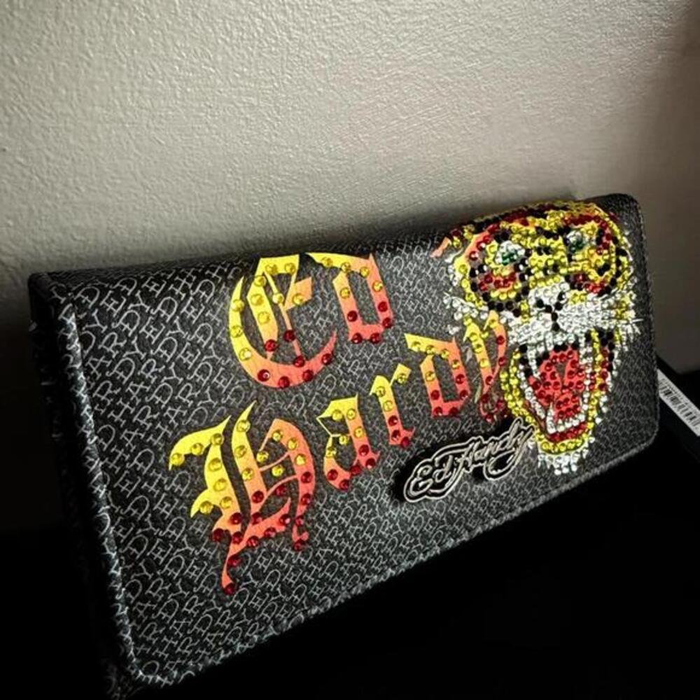 Ed Hardy Rhinestone Tiger Flap Clutch Wallet Y2K NWT
